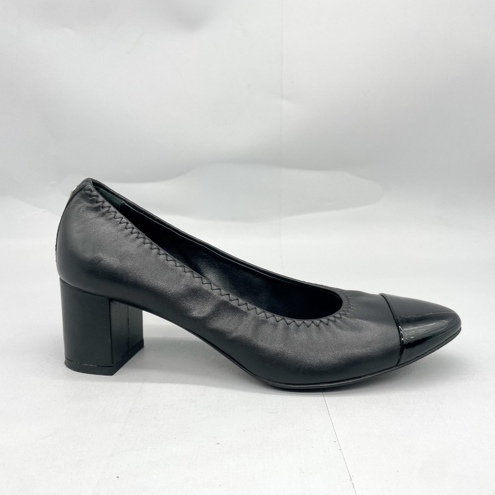 AGL Womens 37.5 Cap Toe Pumps Black Patent Leather Block Heel Classic Slip On